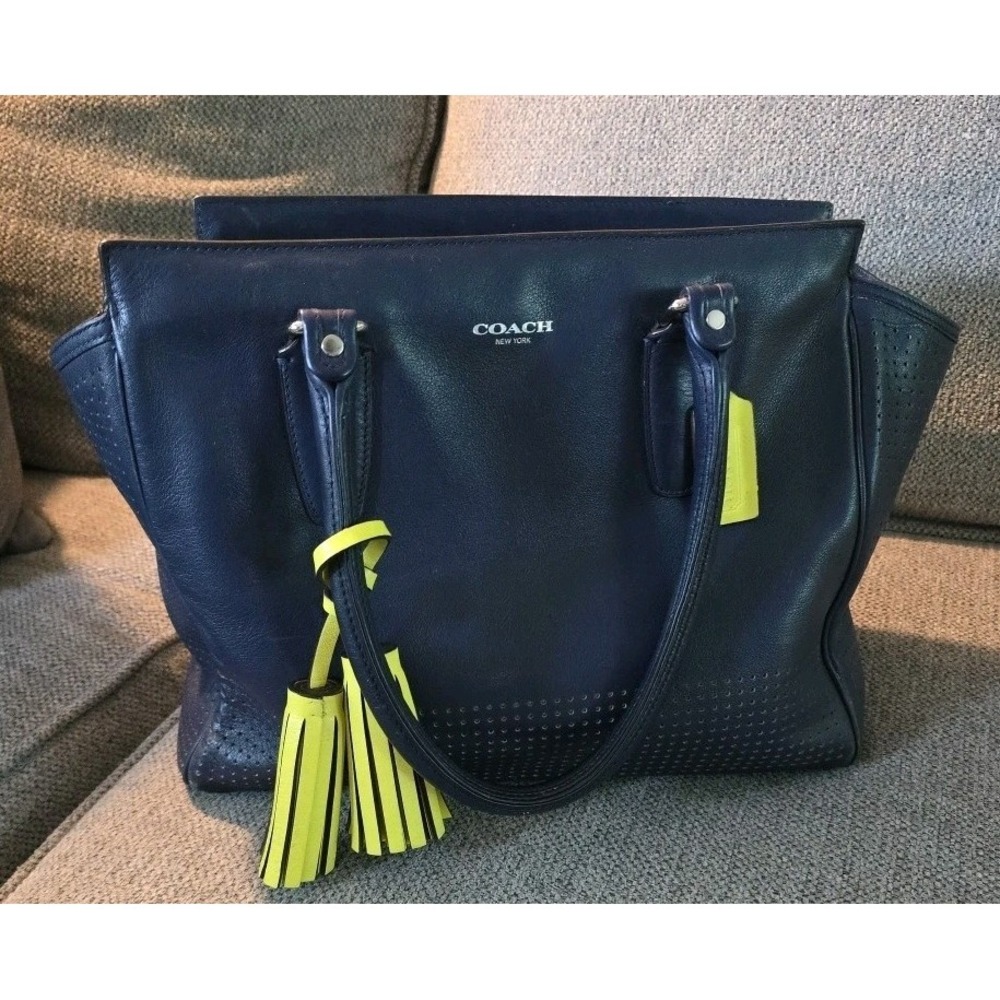 Coach Navy Leather Shoulder Bag with Yellow Tassel - Picture 5 of 14